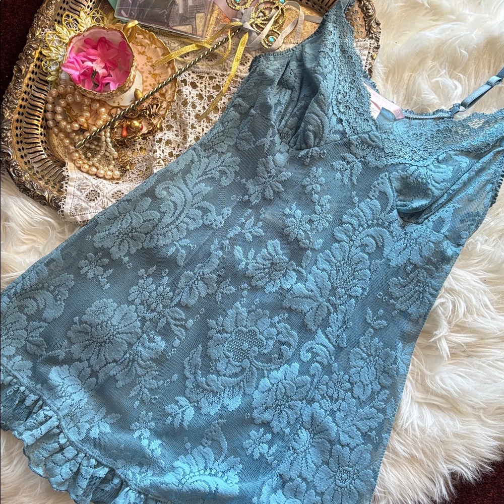 Y2K Victoria’s Secret Lace Mini Dress Naked Blue Bridal Slip L Chamise Teddy Hot